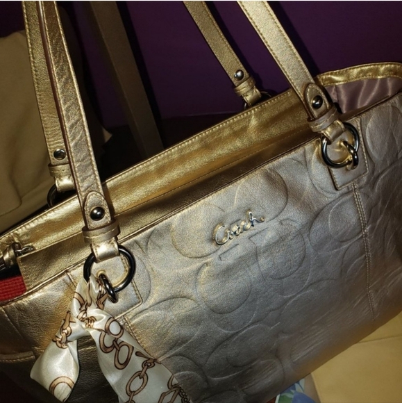 Coach Gold Metallic Monogram Embossed Shoulder Tote - Picture 7 of 15